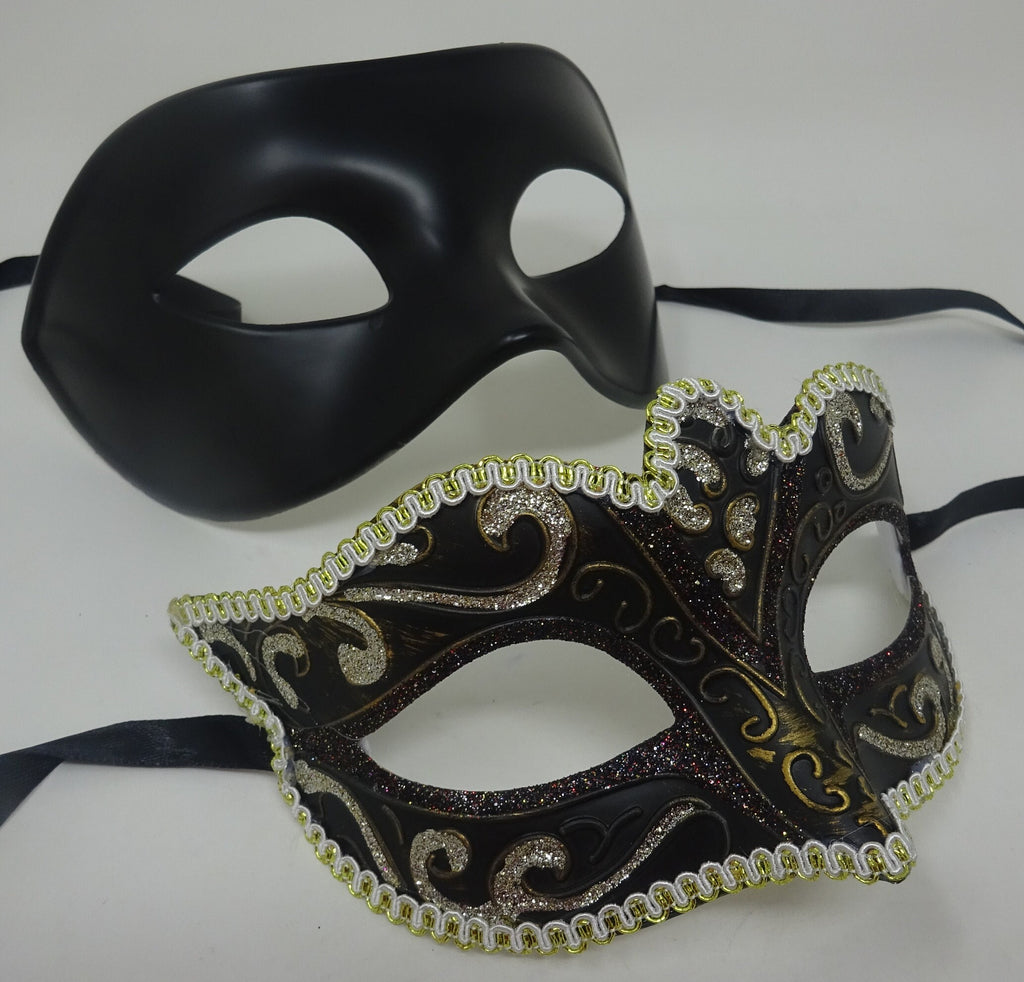 His and Hers Black and Gold Quality Pair of Male and Female Couples Masquerade Masks
