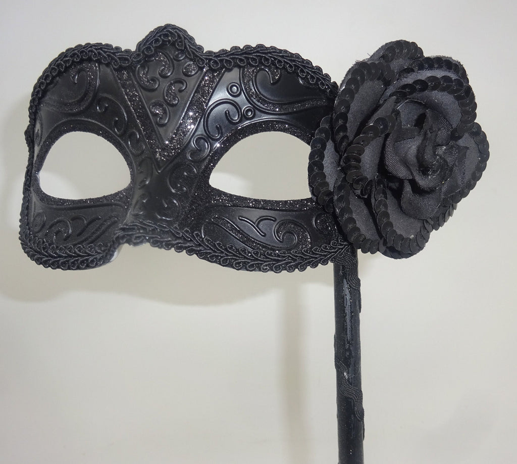 Black Venetian Masquerade Ball Carnival Eye Mask on a Stick with Flower Detail