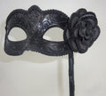 Black Venetian Masquerade Ball Carnival Eye Mask on a Stick with Flower Detail