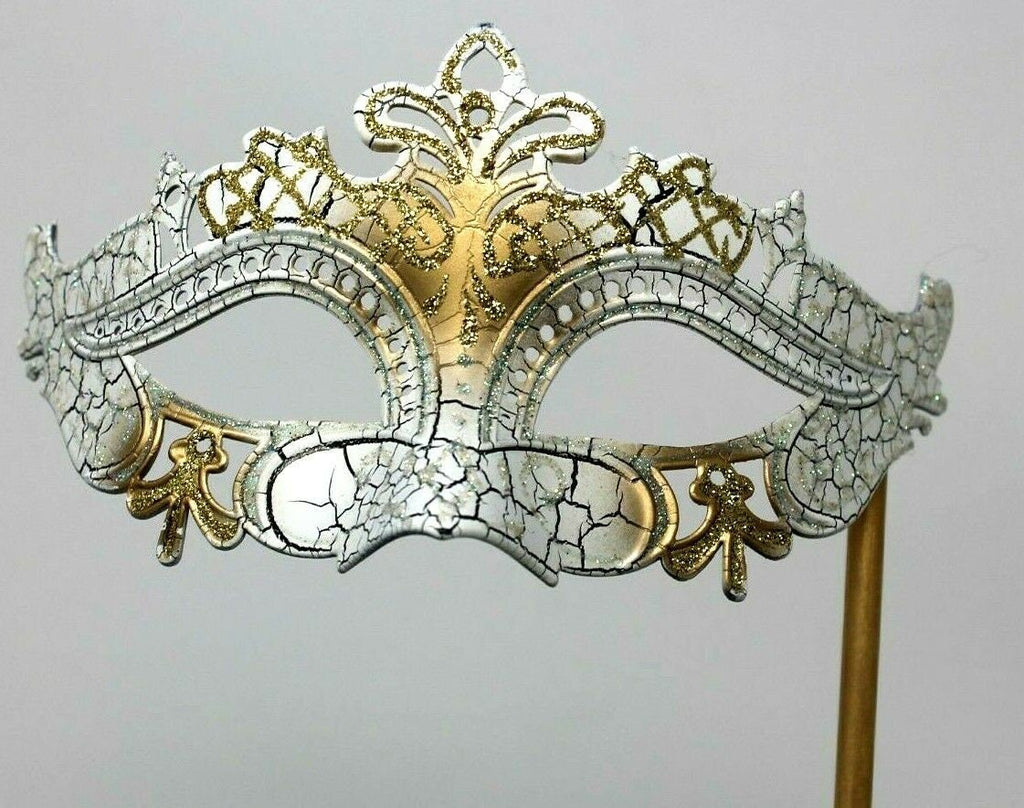 White and Gold Crackled Rialto Masquerade Mask on a Gold Stick