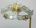 White and Gold Crackled Rialto Masquerade Mask on a Gold Stick