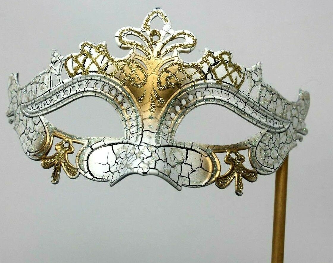 White and Gold Crackled Rialto Masquerade Mask on a Gold Stick