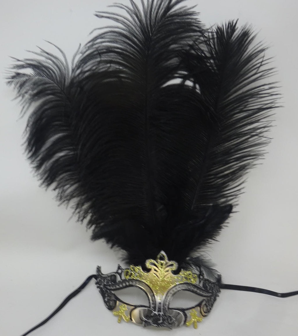 Black and Gold Rialto Venetian Masquerade Ball Carnival Party Prom Mask with Long Feathers