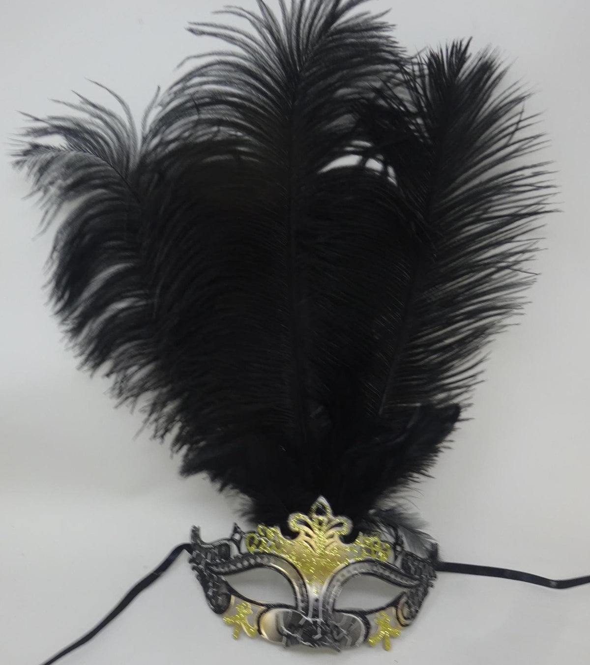 Black and Gold Rialto Venetian Masquerade Ball Carnival Party Prom Mask with Long Feathers