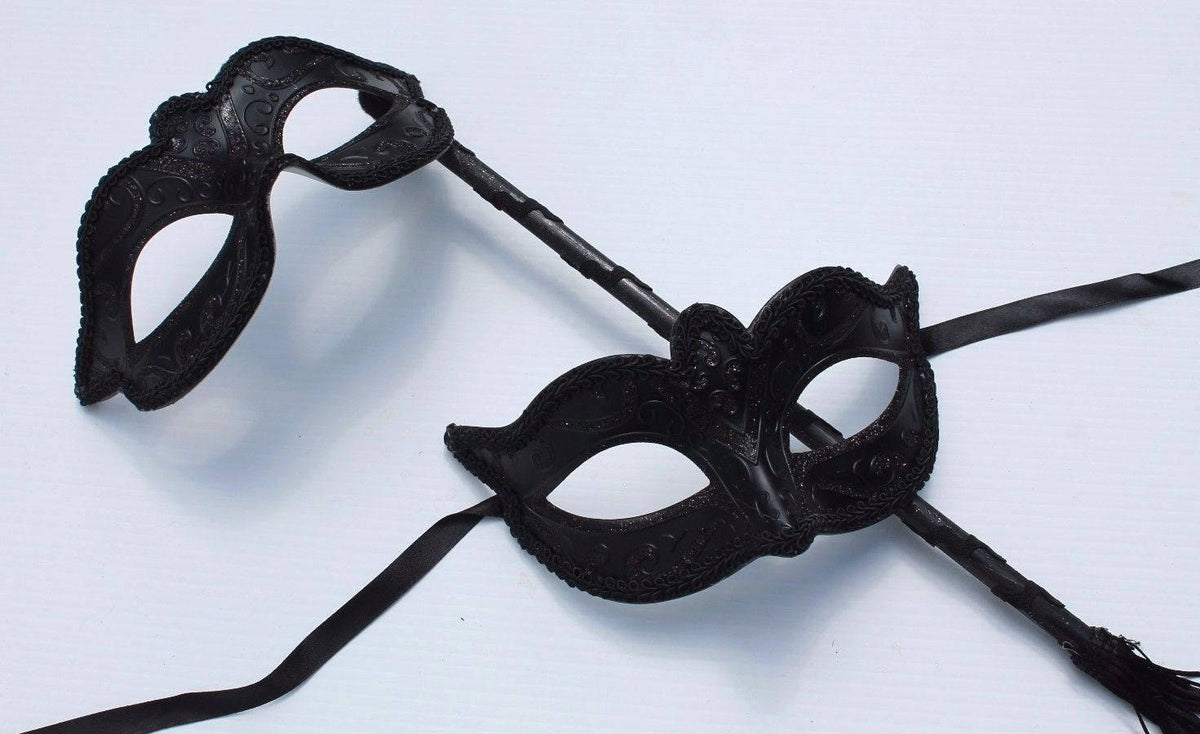 Stunning Black His and Hers Couples Masquerade Masks on a Black Stick