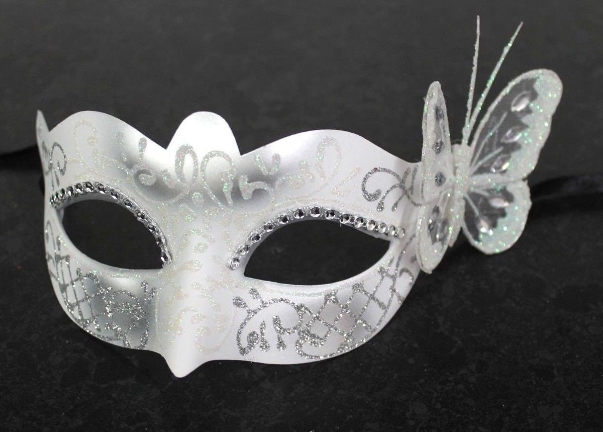 Winter Frosty White & Silver Venetian Masquerade Mask with White Butterfly