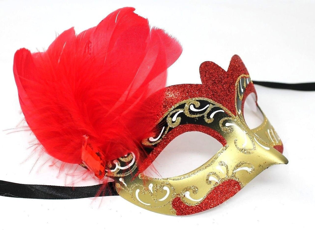 Red White and Gold Side Feather Venetian Masquerade Carnival Party Ball Eye Mask