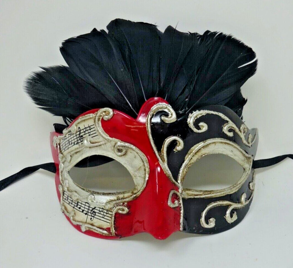 Red, Black and Silver Musical Masquerade Mask for Masked Ball with Feathers