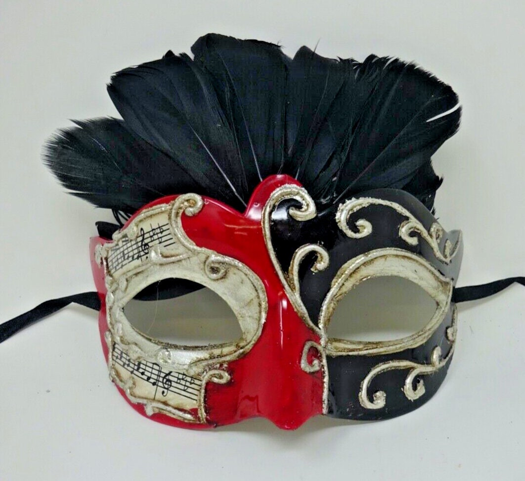Red, Black and Silver Musical Masquerade Mask for Masked Ball with Feathers