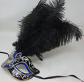 Blue Silver & Black Venetian Masquerade Ball Party Eye Musical Script Mask Long Black Feathers