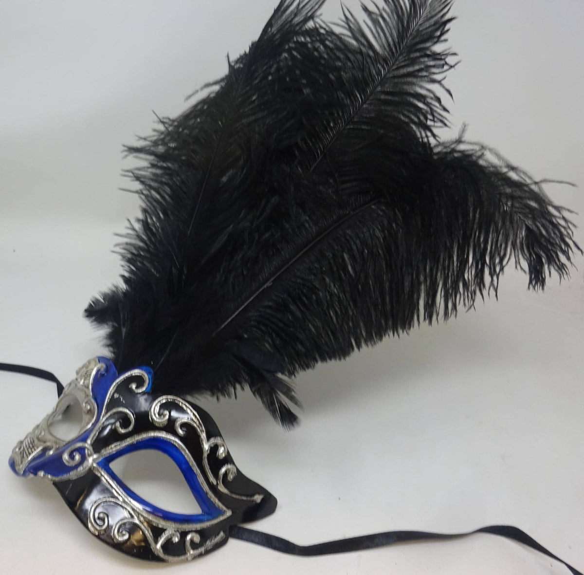 Blue Silver & Black Venetian Masquerade Ball Party Eye Musical Script Mask Long Black Feathers