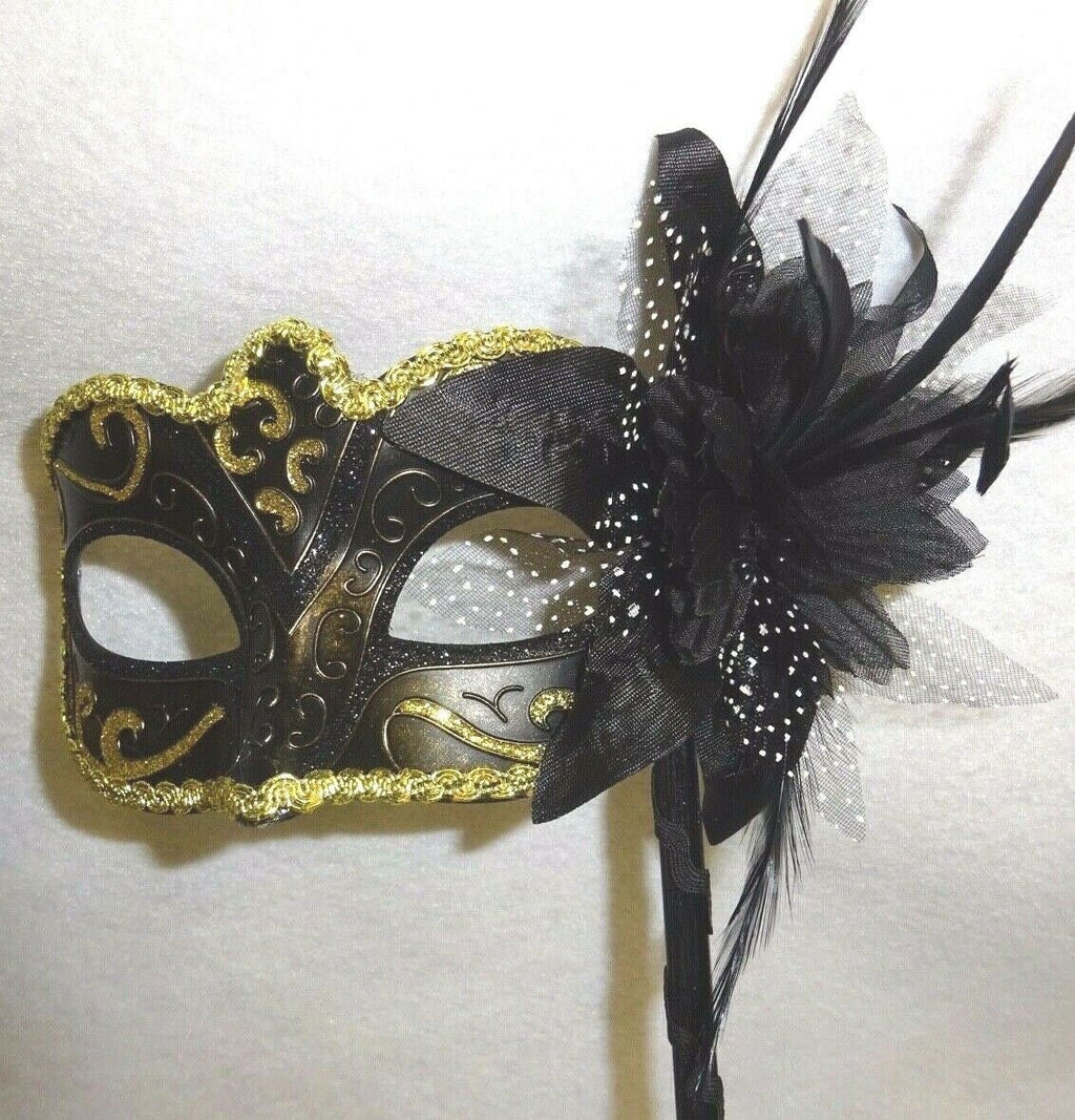 Stunning Black Bronze and Gold Masquerade Mask on a Black Stick with Flower