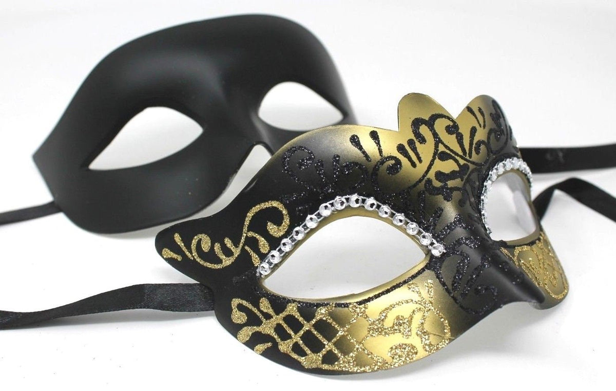 Gold and Black Diamonte Detail His and Hers Couples Pair of Masquerade Masks