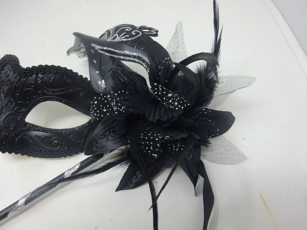Couples Masks Black and Silver Rialto Masquerade Mask with Flower for Masked Ball Carnival Party Halloween Hand Held on a Wooden Stick