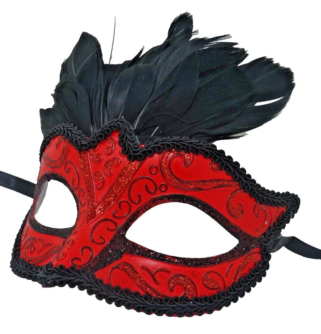 Red and Black Masquerade Eye Mask with Feathers for Party Prom Masked Ball