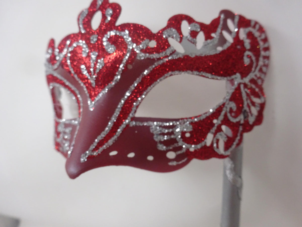 Red and Silver Rialto Venetian Masquerade Ball Party Prom Carnival Mask Hand Held on a Stick