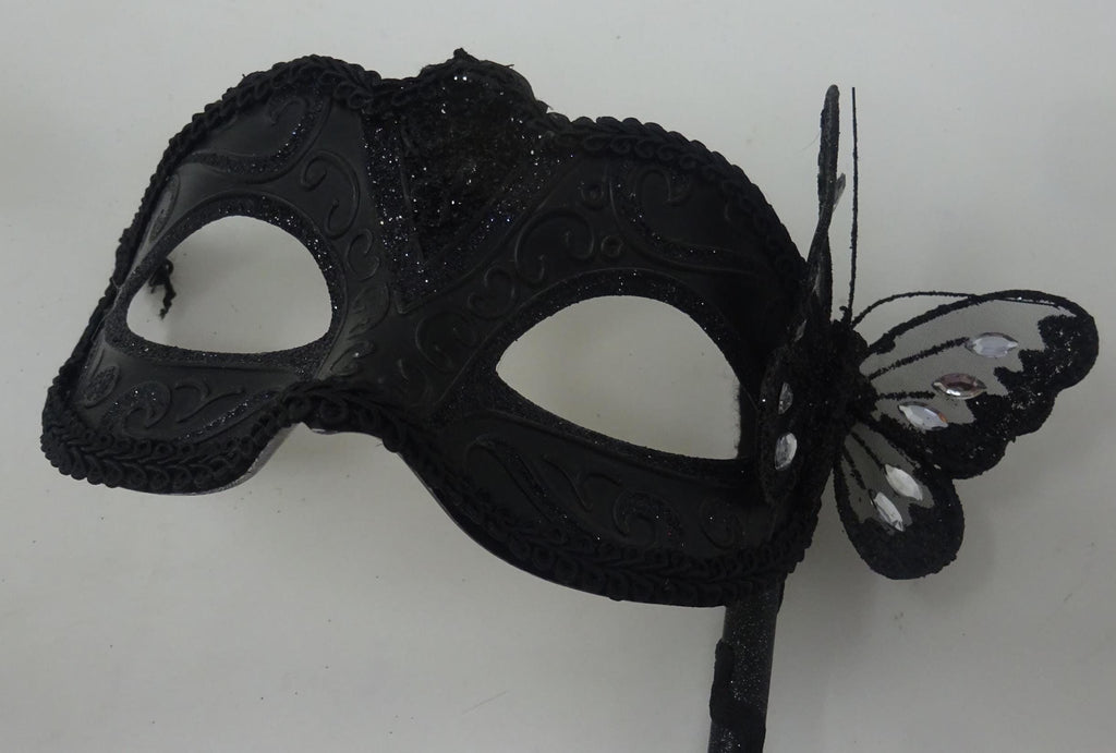 Black Venetian Masquerade Ball Party Carnival Mask with Black Butterfly Details on a Hand Held Stick