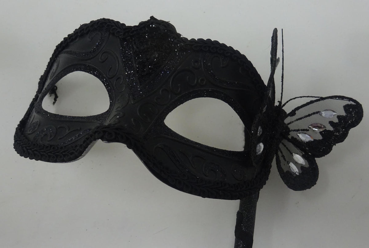 Black Venetian Masquerade Ball Party Carnival Mask with Black Butterfly Details on a Hand Held Stick