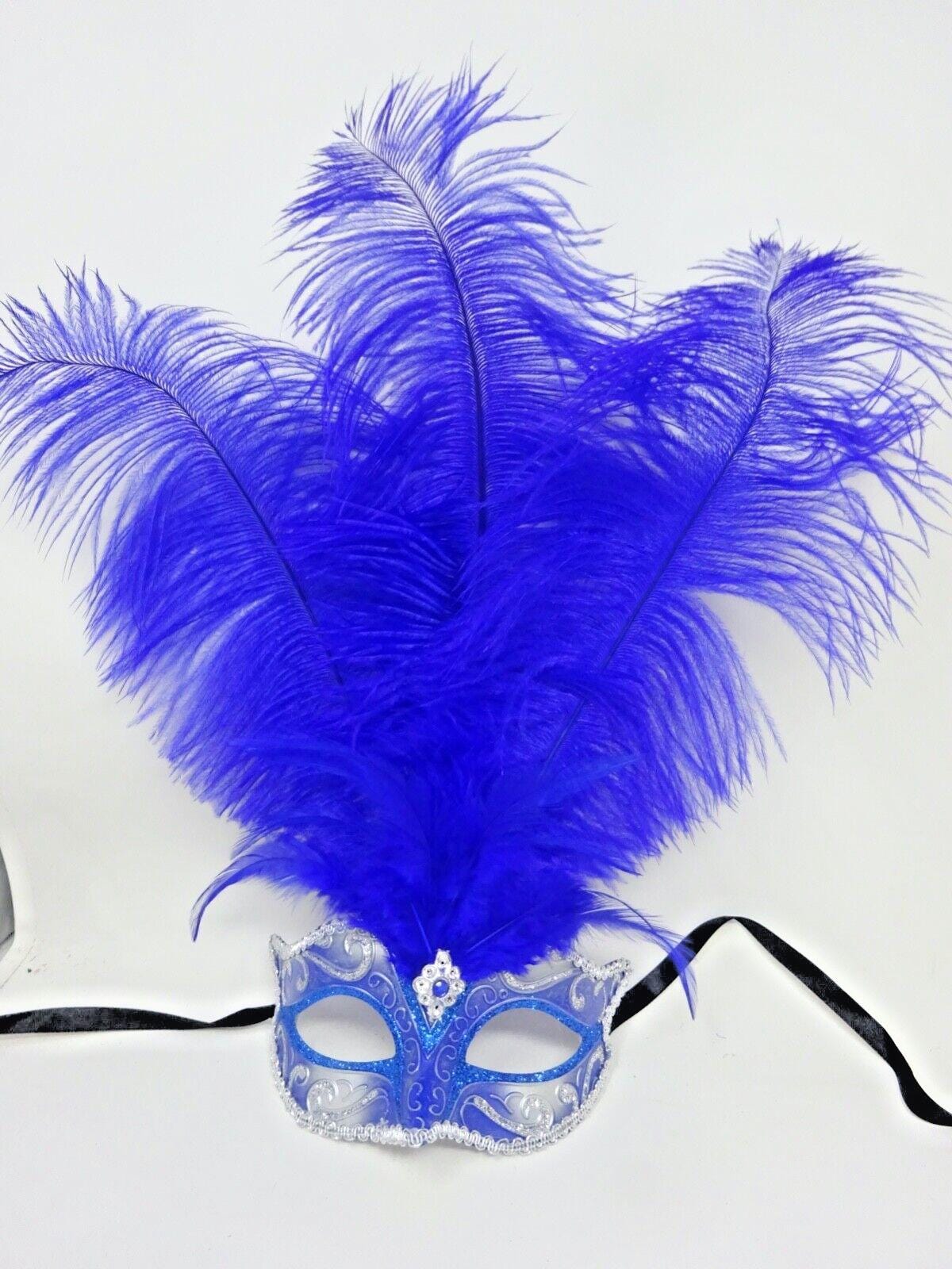 Blue and Silver Feather Masquerade Mask