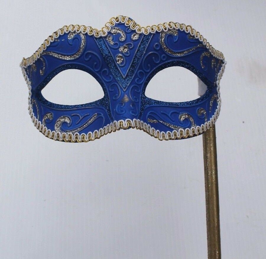 Blue and Gold Venetian Masquerade Party Carnival Eye Mask on a Gold Stick