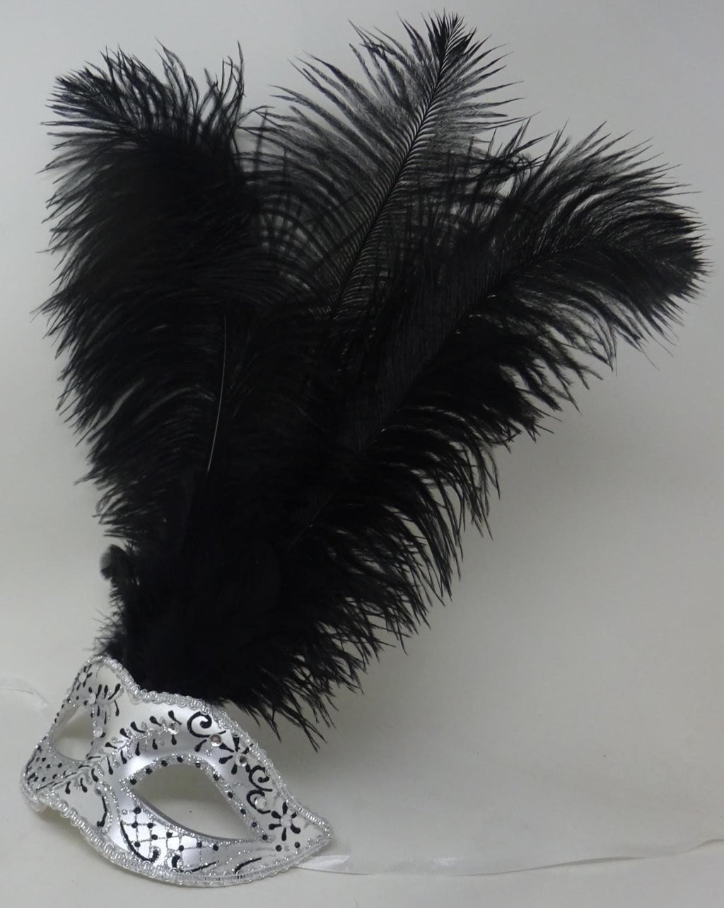 Stunning Black and Silver Long Black Feather Venetian Masquerade Prom Ball Eye Mask with Clear Diamontes