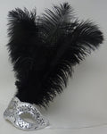 Stunning Black and Silver Long Black Feather Venetian Masquerade Prom Ball Eye Mask with Clear Diamontes