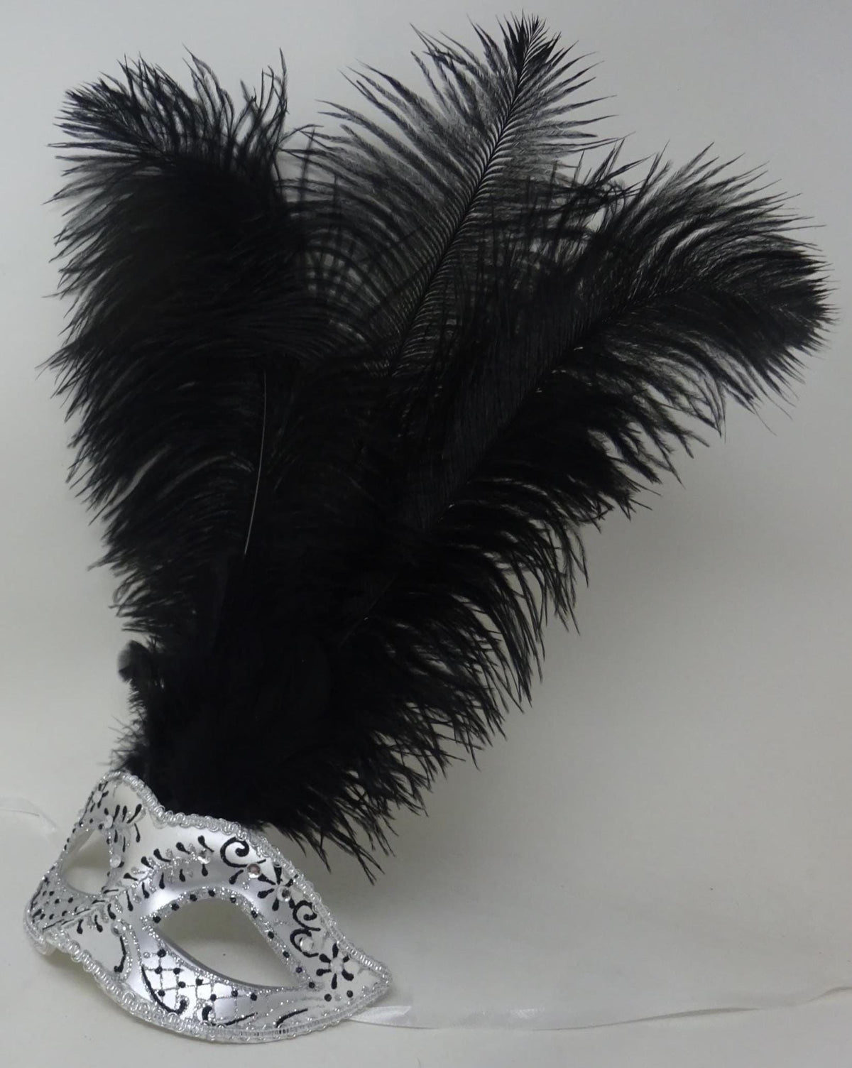 Stunning Black and Silver Long Black Feather Venetian Masquerade Prom Ball Eye Mask with Clear Diamontes