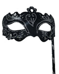 Black and Silver Rialto Masquerade Mask for Masked Ball Carnival Party Halloween Hand Held on a Wooden Stick