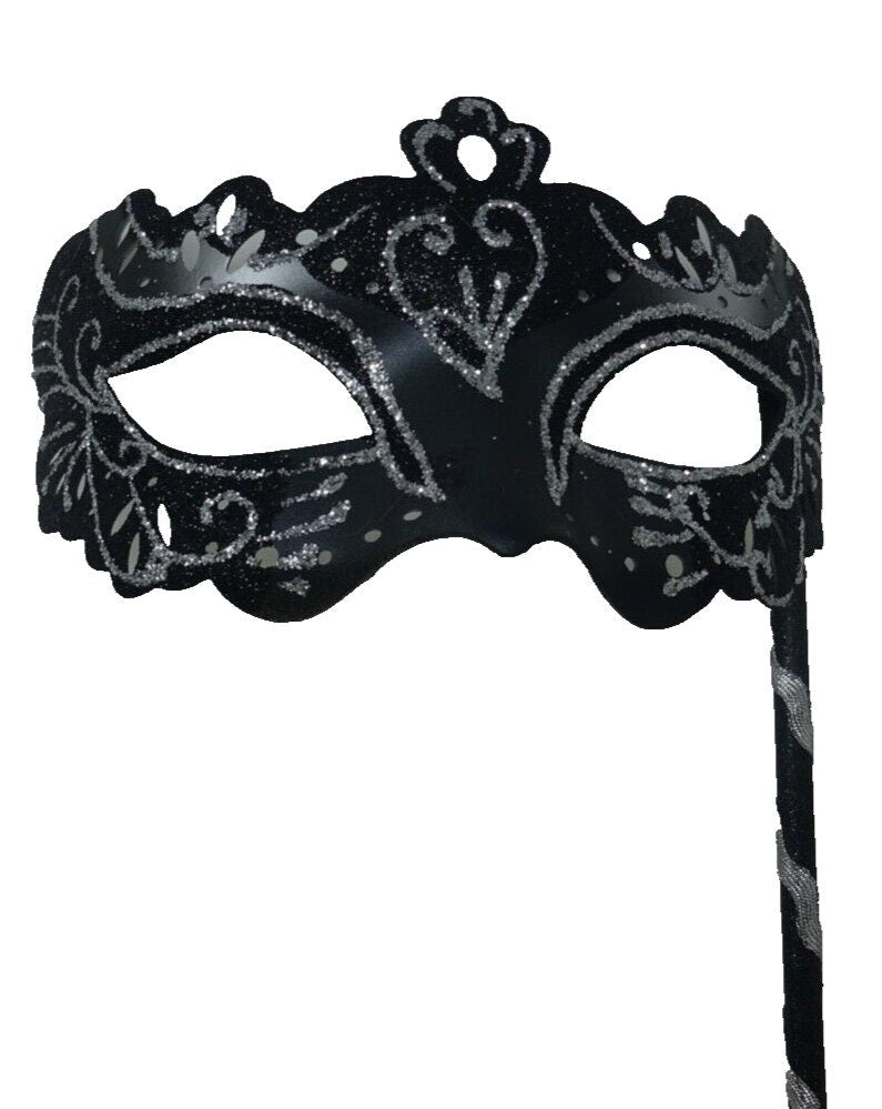 Black and Silver Rialto Masquerade Mask for Masked Ball Carnival Party Halloween Hand Held on a Wooden Stick