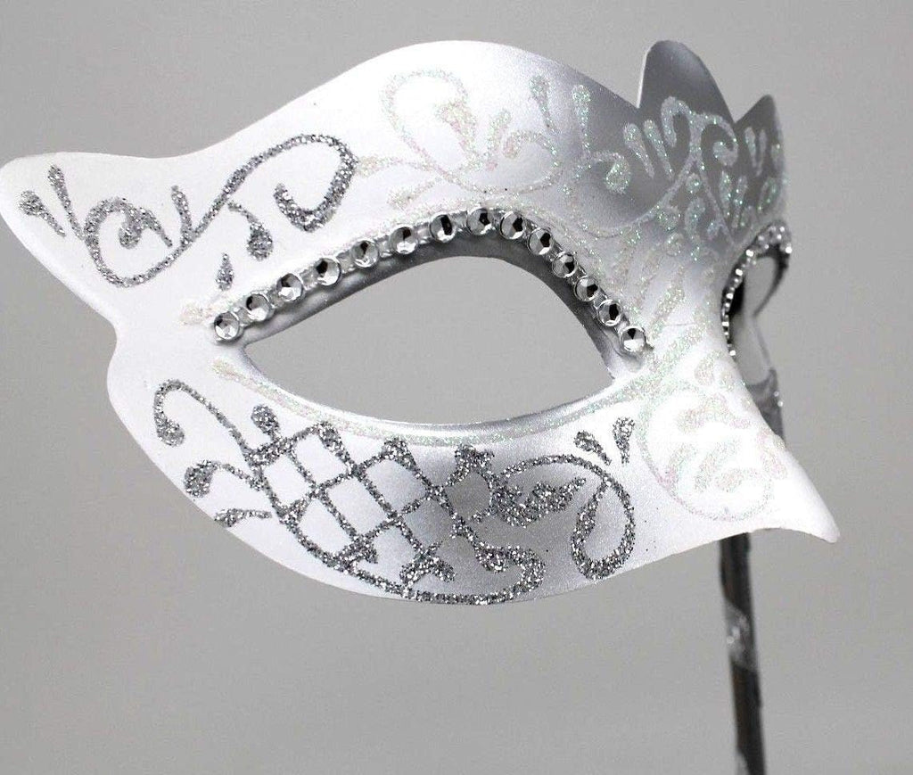 Ladies White and Silver Masquerade Party Carnival Ball Mask Hand Held on a Wooden Stick