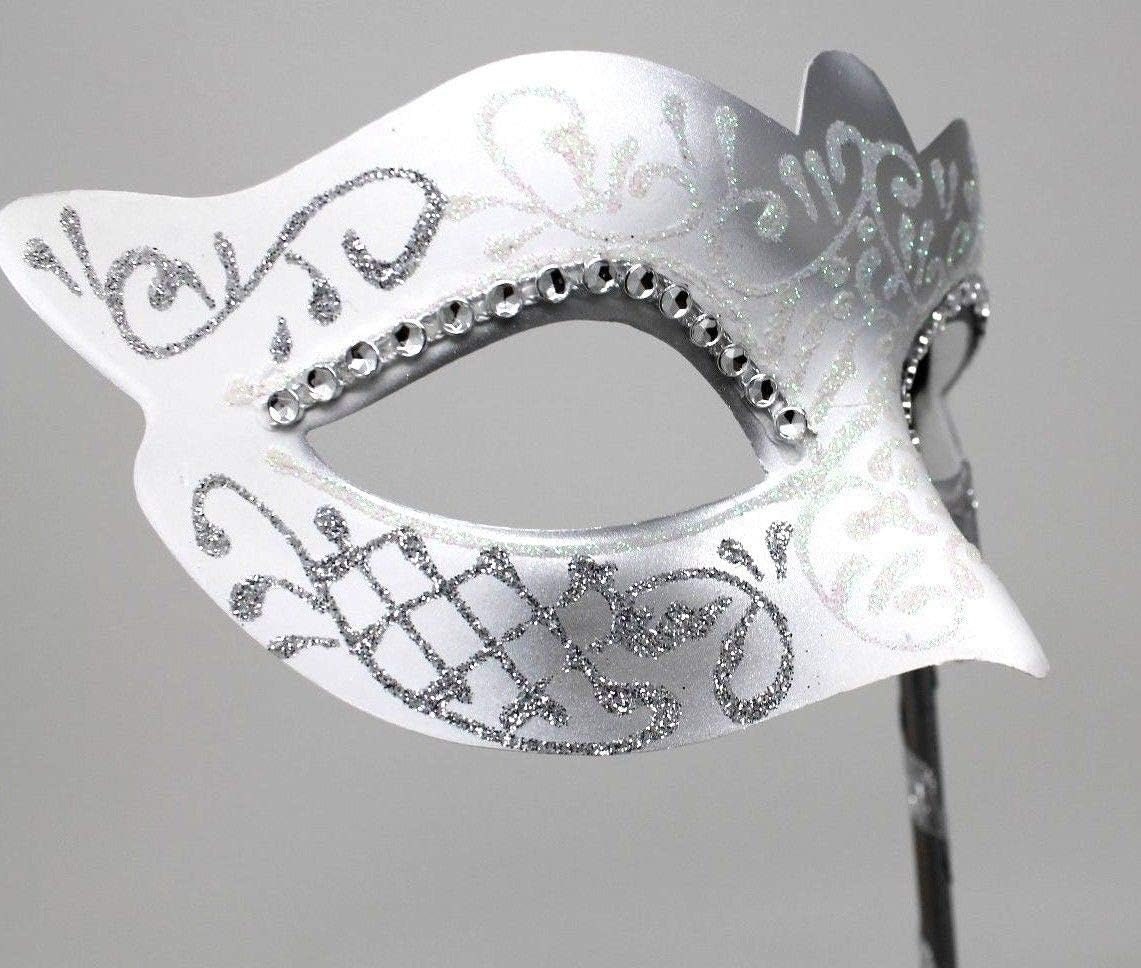 Ladies White and Silver Masquerade Party Carnival Ball Mask Hand Held on a Wooden Stick