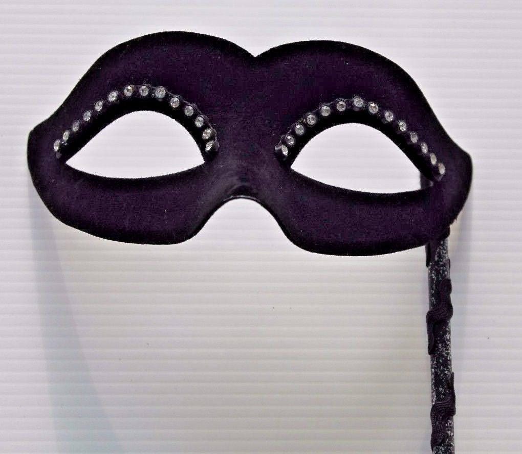 Velvet Diamonte Black Masquerade Mask on a Stick