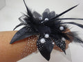Black Flower Wrist Corsage on Beaded Bracelet with Fabric Flower with Feathers Beads and Spotted Organza