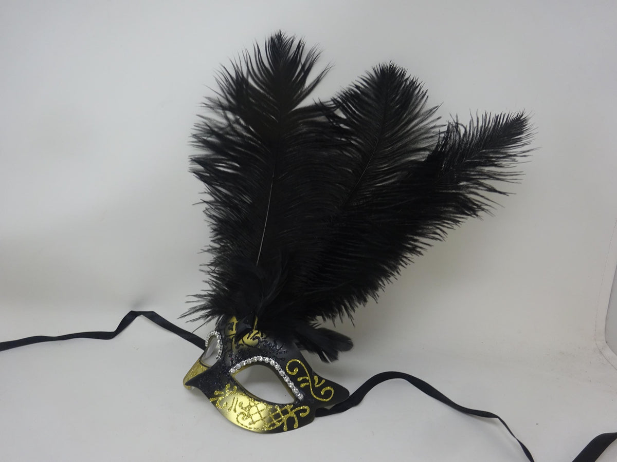 Black and Gold Venetian Masquerade Ball Carnival Party Prom Mask with Long Feathers and Diamontes