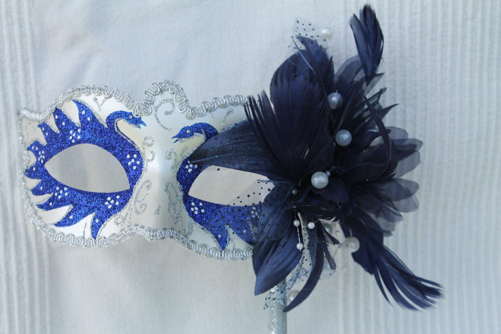 Blue and White Swan Lake Mask on Stick with Pearlised Flower
