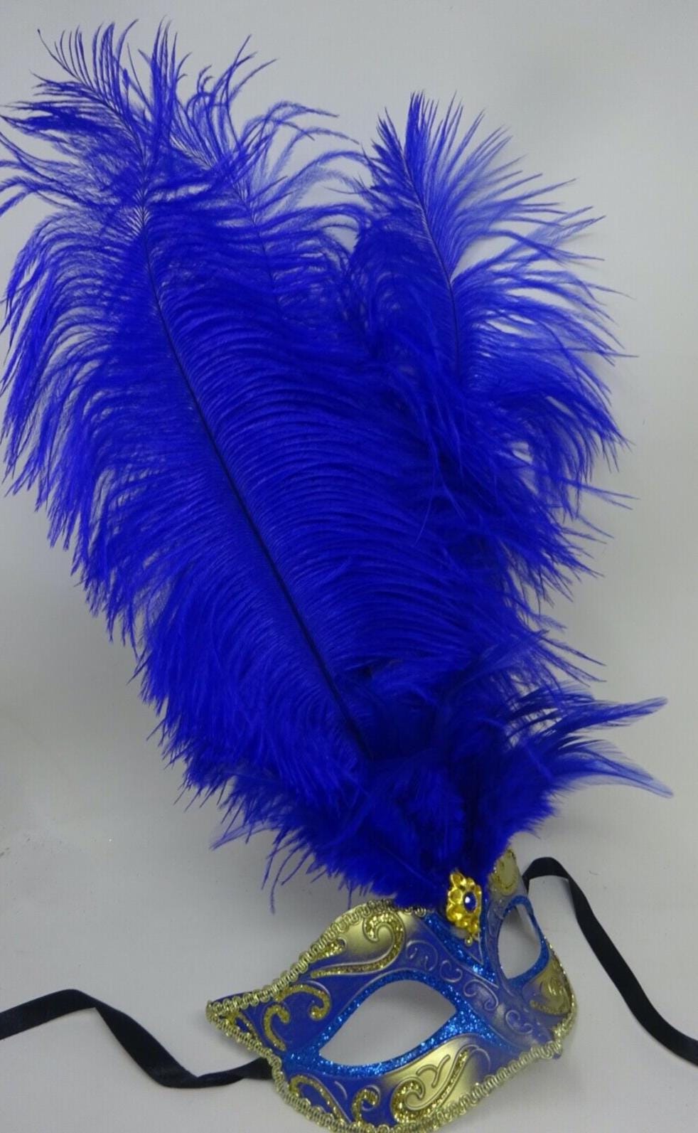 Blue and Gold Feather Masquerade Mask