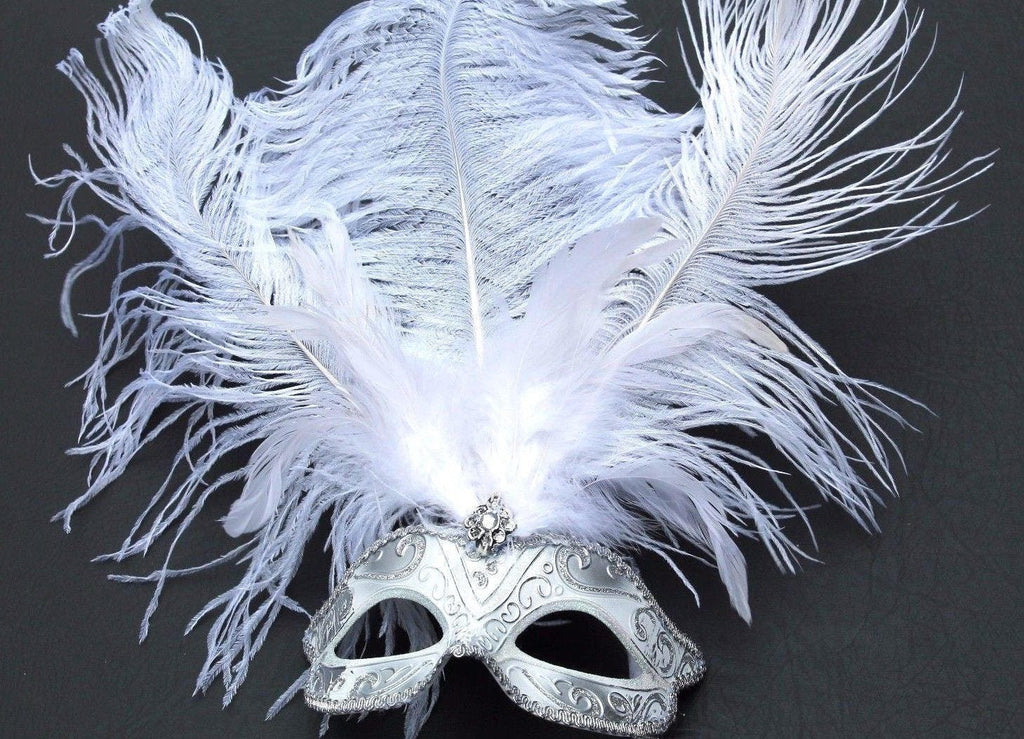 Stunning White and Silver Feather Masquerade Mask on a Silver Stick