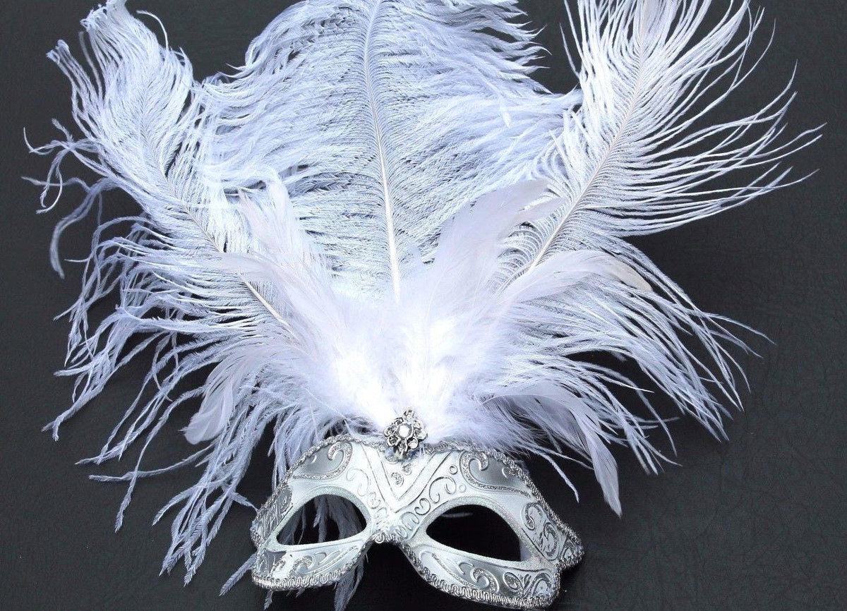 Stunning White and Silver Feather Masquerade Mask on a Silver Stick