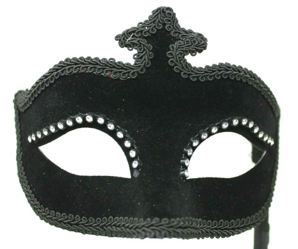 Velour Diamonte Black Masquerade Hand Held Mask on a Stick