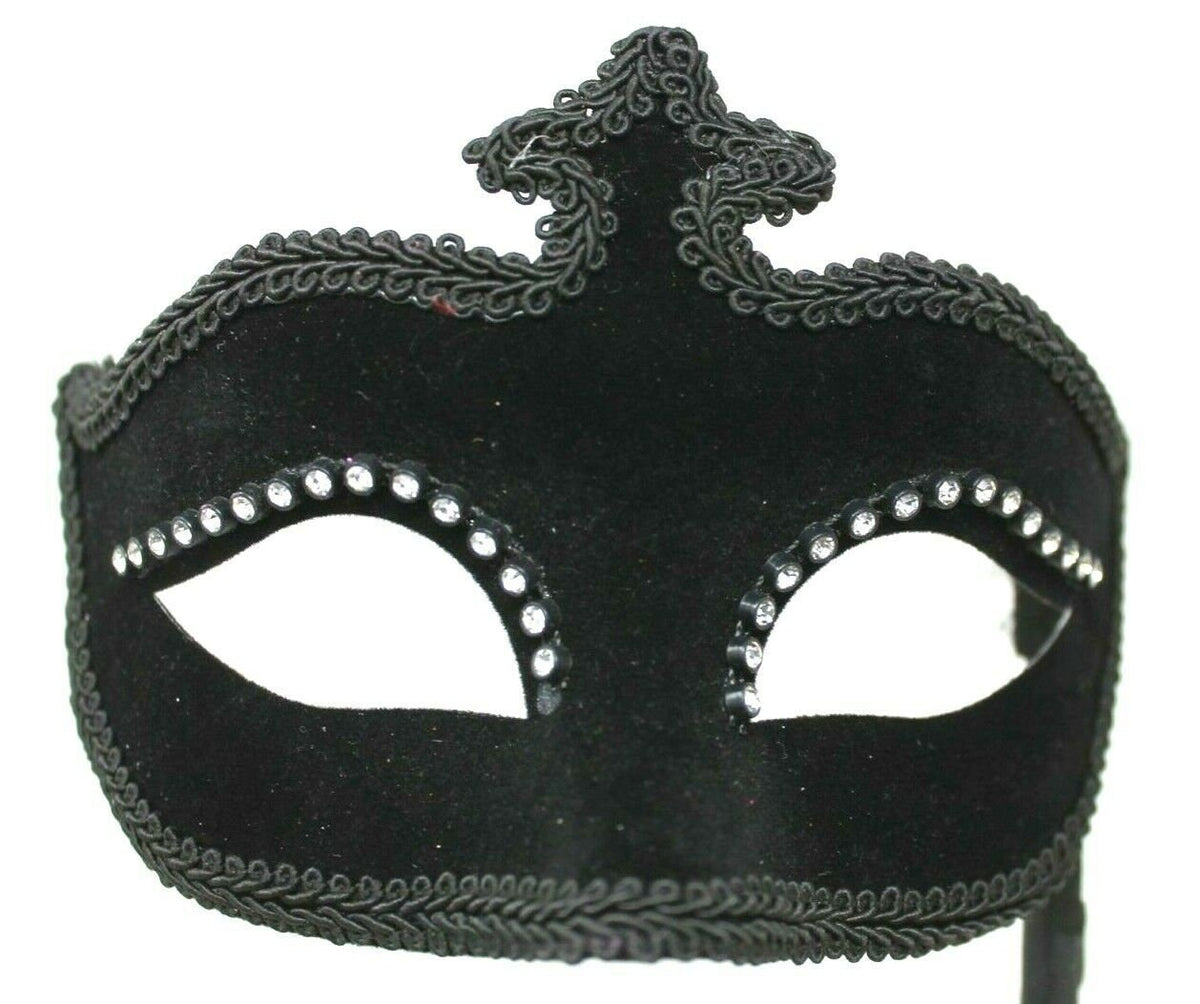 Velour Diamonte Black Masquerade Hand Held Mask on a Stick