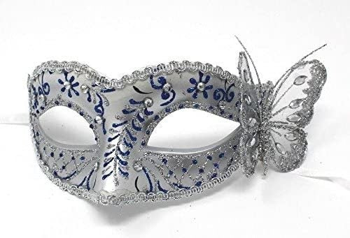 Ladies Blue and Silver Masquerade Ball Carnival Party Eye Mask with Butterfly