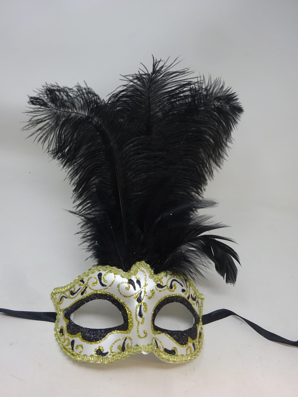 Black Ivory and Gold Venetian Masquerade Ball Carnival Party Prom Mask with Long Feathers