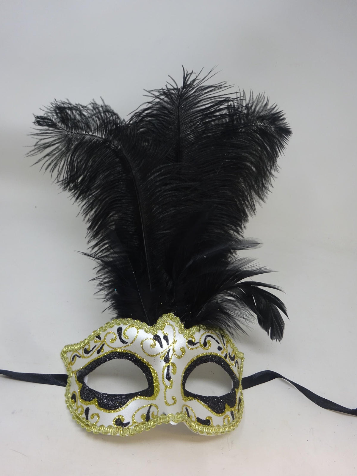 Black Ivory and Gold Venetian Masquerade Ball Carnival Party Prom Mask with Long Feathers