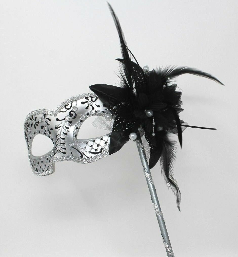 Stunning Black and Silver Venetian Masquerade Prom Ball Party Eye Mask with a Flower on a Silver Stick with Clear Jewels