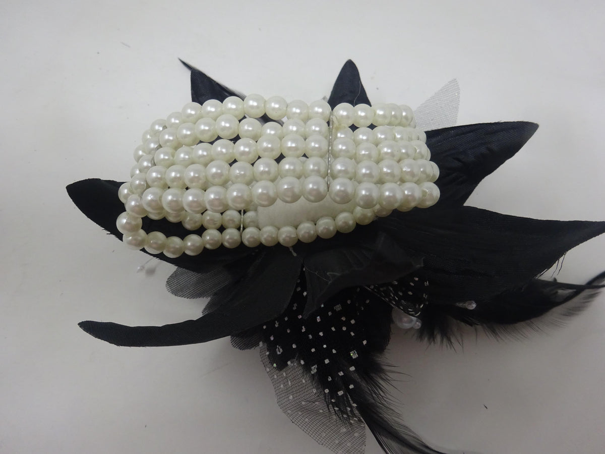 Black Flower Wrist Corsage on Beaded Bracelet with Fabric Flower with Feathers Beads and Spotted Organza