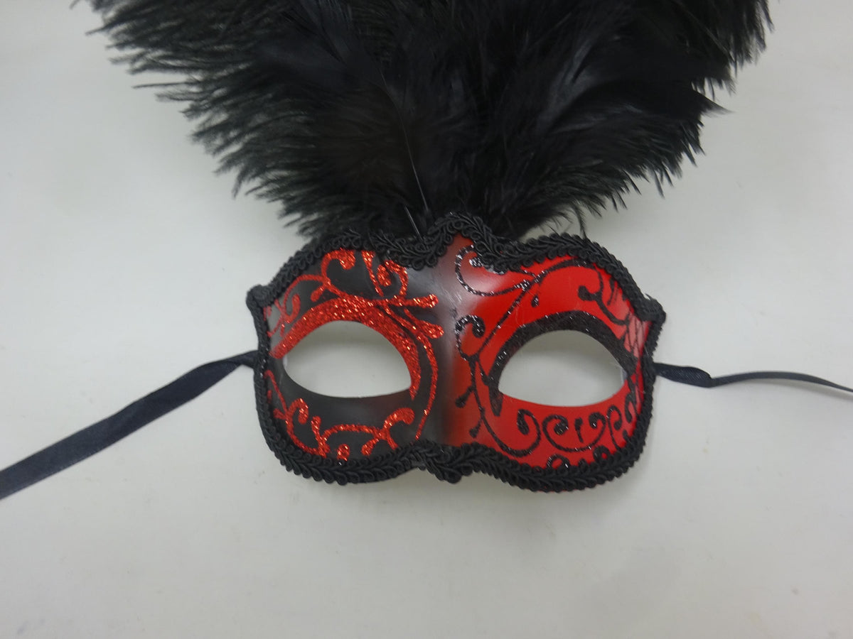Red and Black Masquerade Eye Mask with Long Feathers for Party Prom Masked Ball