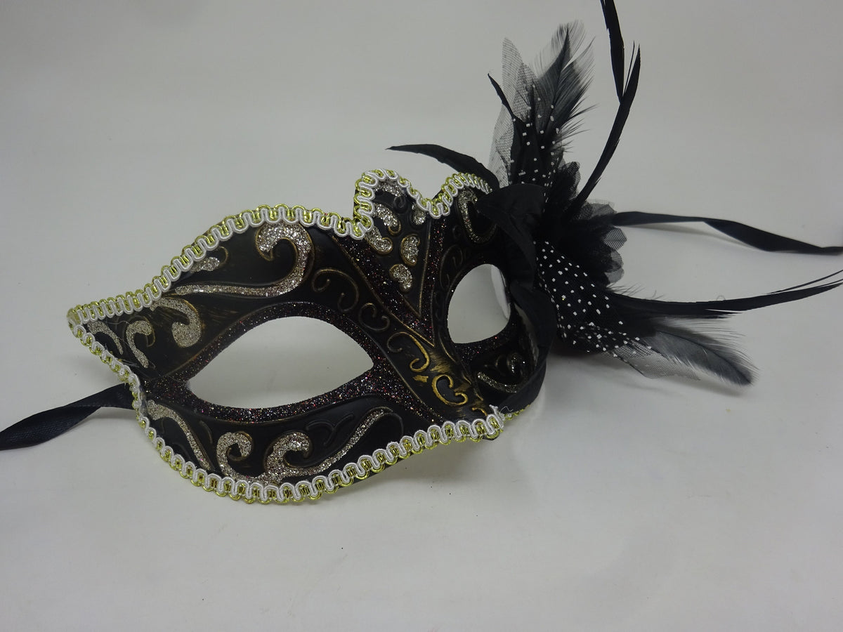 Black, Bronze, Gold and Silver Masquerade Mask with Flower