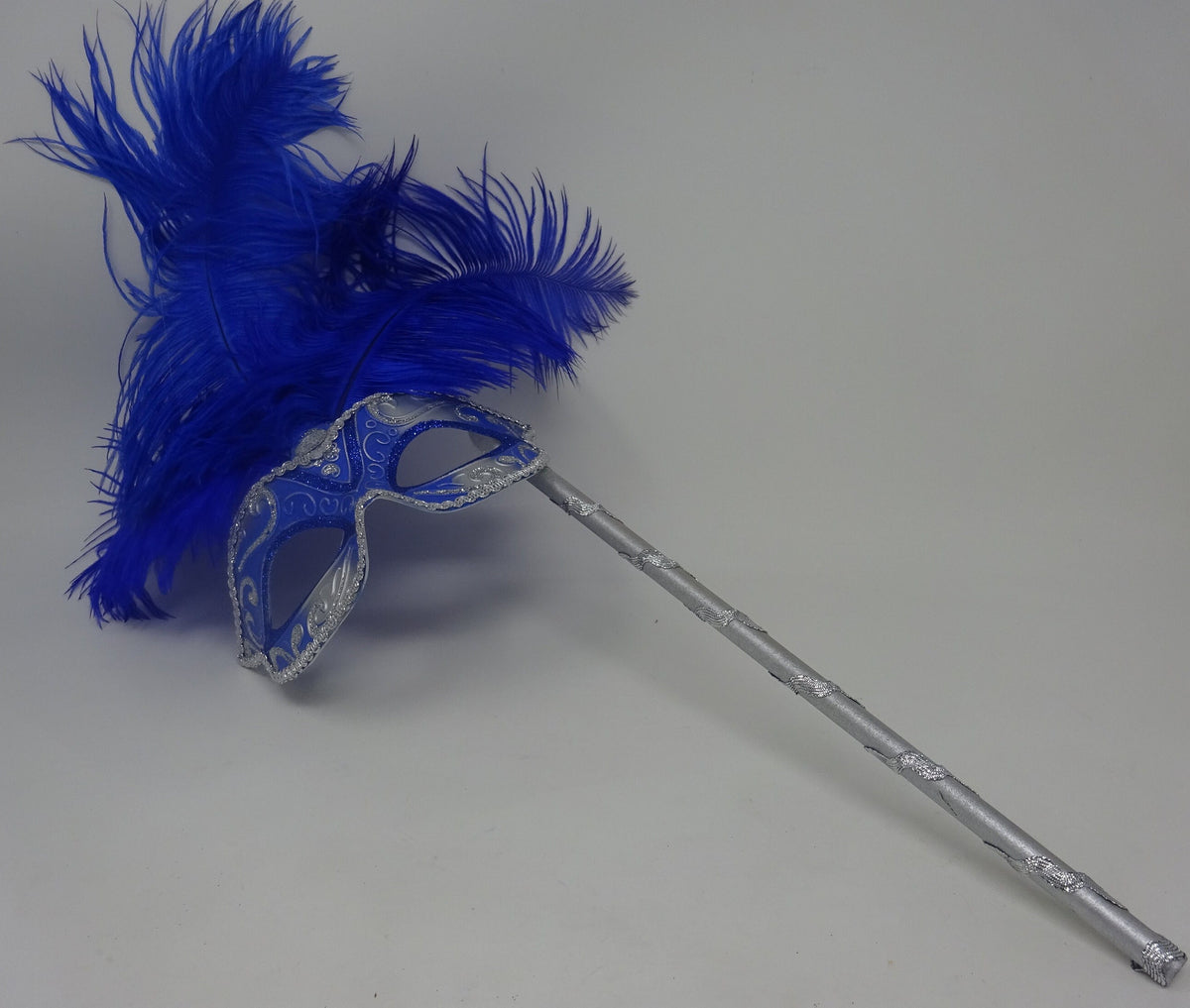 Blue and Silver Tall Feather Masquerade Party Carnival Ball Mask an a Hand Held Wooden Stick