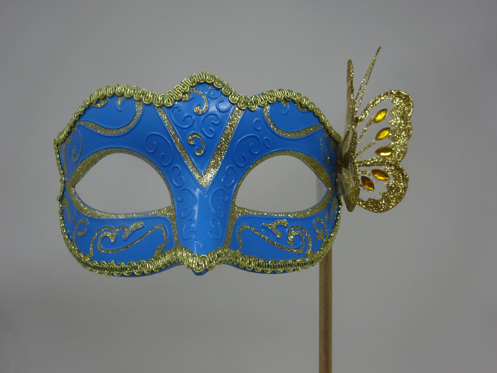 Turquoise and Gold Masquerade Party Carnival Ball Mask on a Gold Stick with Butterfly