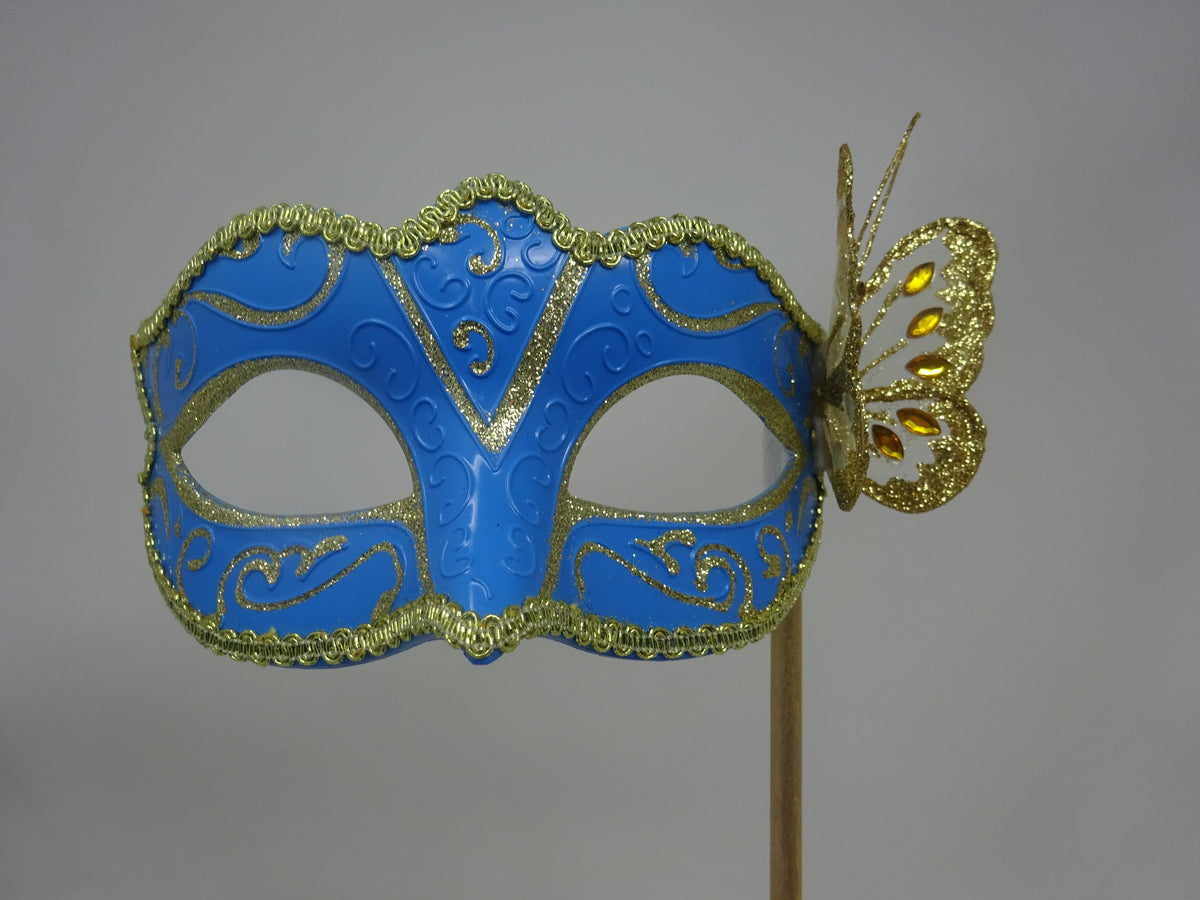 Turquoise and Gold Masquerade Party Carnival Ball Mask on a Gold Stick with Butterfly